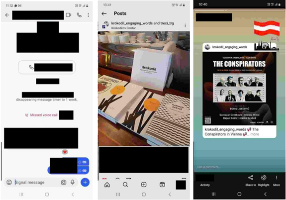 Скриншоты с мобильного телефона. Слева – переписка в мессенджере с исчезающими сообщениями и пропущенным голосовым вызовом. В центре – публикация в Instagram с изображением книг и логотипом «Krokodil». Справа – сториз из Instagram с афишей события под названием «The Conspirators» с изображением флагов и участников мероприятия.