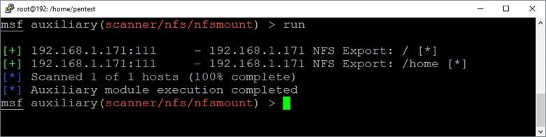 Рисунок 4: Получение перечня доступных NFS-экспортов при помощи Metasploit